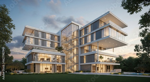 Photo of modern luxury house exterior design with glass facade, contemporary architecture building, real estate property and residential construction