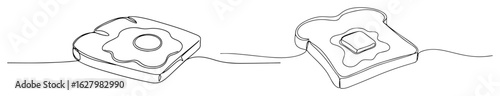 delicious breakfast toast with fried egg and butter continuous one line drawing vector food illustration