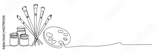 Artist Brushes, Paint Jars and Palette – Continuous Line Vector Illustration