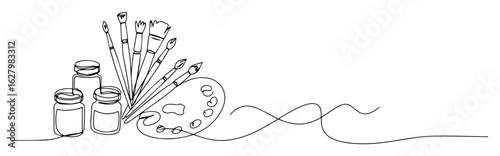 Artist Brushes, Paint Jars and Palette – Continuous Line Vector Illustration