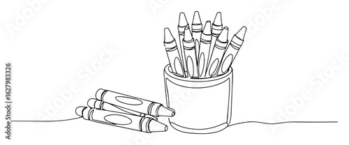 Cup of Crayons – Continuous Line Vector Drawing for Kids Art Supplies