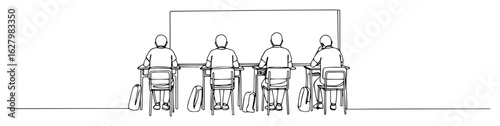 Classroom with Students Facing Chalkboard — Line Art Vector Illustration