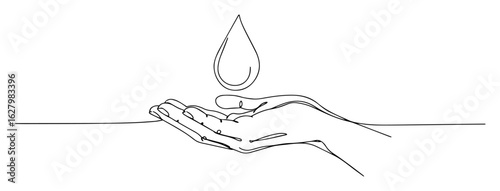 saving water concept with a hand catching a single pure drop a continuous line drawing symbol for ecology and charity