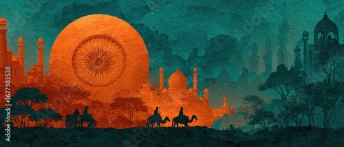 Concept background for Indian Independence Day with Ashoka wheel and symbolic imagery