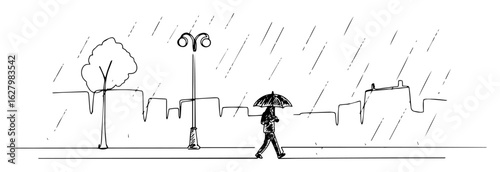 man with umbrella walking in rain one continuous line drawing