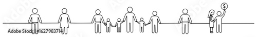 life cycle and social units from single person to family a minimalist people icon set one line vector