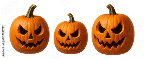 Three carved Halloween pumpkins with sinister expressions showcasing their jack-o'-lantern faces on transparent background.