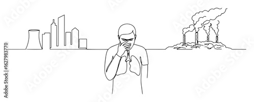 a man coughing with visible lungs from city and factory air pollution continuous one line drawing vector for environmental health concept