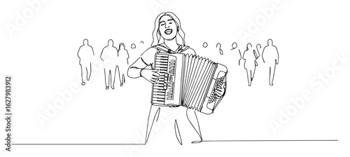 woman playing accordion for crowd continuous line drawing