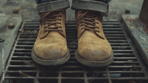 Close-up of worn tan leather boots on a metal grate