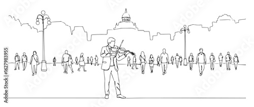 violinist playing violin in city square continuous line drawing