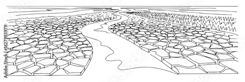 a desolate landscape of a dried riverbed through cracked earth a powerful continuous line drawing of drought and climate change