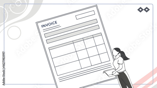 Woman holding a document in front of a large invoice with a grid and header on a patterned background