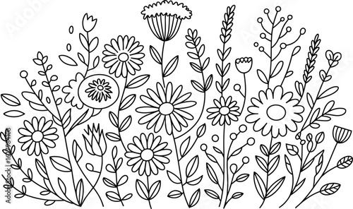 Cute floral doodle illustration, whimsical flower coloring page, hand drawn spring garden art, black and white botanical line drawing