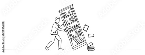 man with falling bookshelf continuous line drawing