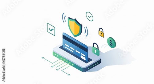 Secure credit card payment transaction with shield icon, padlock and dollar coin symbols, digital concept.