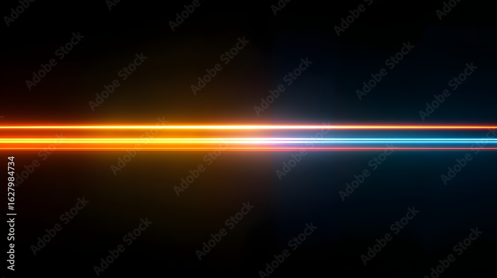 Obraz premium Vibrant orange and blue light streaks across a dark background with a lens flare effect