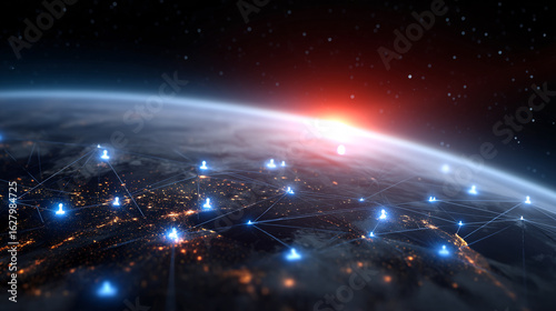 Global Network Connection, Earth Overview, Space, Digital Art, Futuristic View, Technology