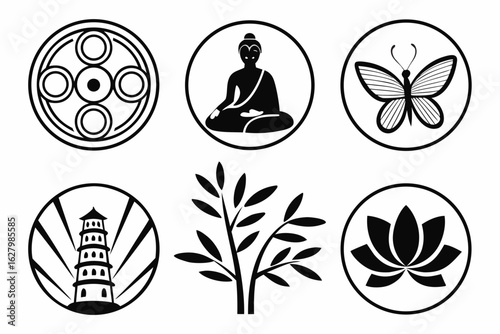 Collection of buddhist symbols and icons isolated on white background