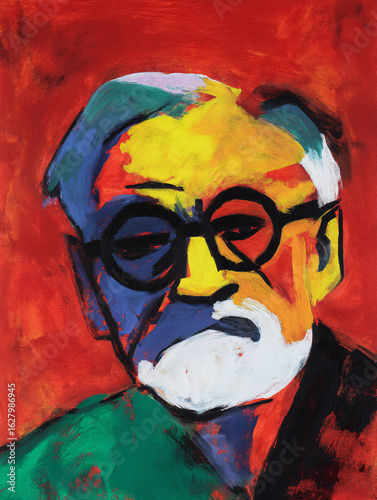 Vibrant Portrait of an Elderly Man, Abstract Art, Studio Setting, Colorful Expression
