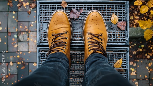 High-angle view of person's legs and mustard-yellow boots on a gray metal platform with autumn leaves