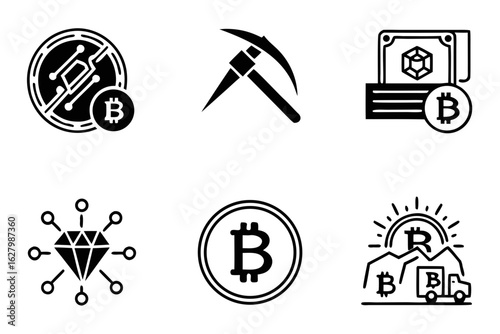 Bitcoin and cryptocurrency mining icons isolated on white background