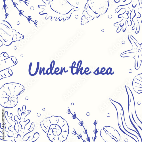 Summer greeting square card with blue seashells, coral, algae, bubbles and text Under the sea on white backdrop. Italian sketch style. Modern design for background, poster, cover, social media.