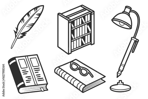 Collection of reading and writing items isolated on white background