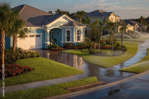 Suburban homes, landscaped yards, sprinklers