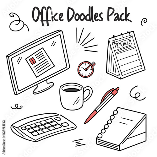 Illustration of office doodles pack featuring a computer, calendar, clock, coffee cup, and stationery items