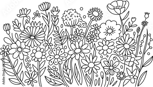 Inspirational floral coloring page, hand drawn flower bouquet illustration with quote, black and white botanical line art, bloom beautifully design