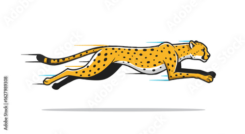 A cartoon style cheetah with yellow fur and black spots running with motion lines indicating speed and movement