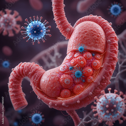 Fetus in stomach with dna and virus. 3d illustration..