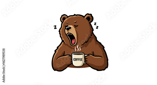 Cartoon brown bear yawning while holding a coffee mug with the word coffee written on it and sleep zzz symbols