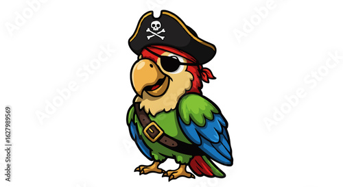 A cartoon pirate parrot with a black hat and eye patch standing on a white background isolated image