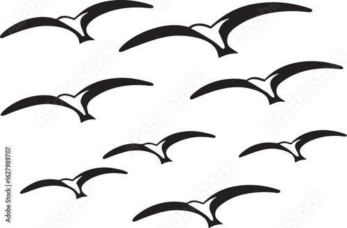 Group of stylized birds in flight on white background