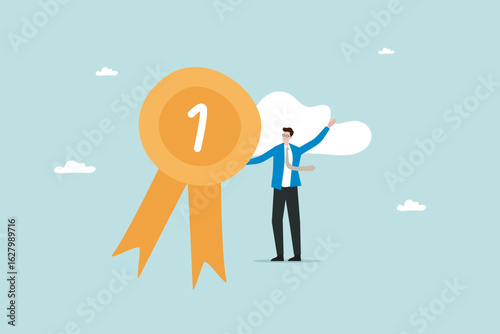 First Place Award Businessman Holding Up a Giant Gold Medal illustration