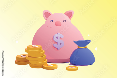 Pink piggy bank with dollar sign and money bags and coins savings finance