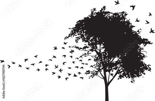 monochrome vector art of birds taking flight from tree silhouette ideal for websites posters branding and print