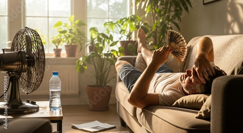 Photo of man lying on a couch in front of a fan on a hot summer day, trying to cool off from the heat and humidity in his living room at home