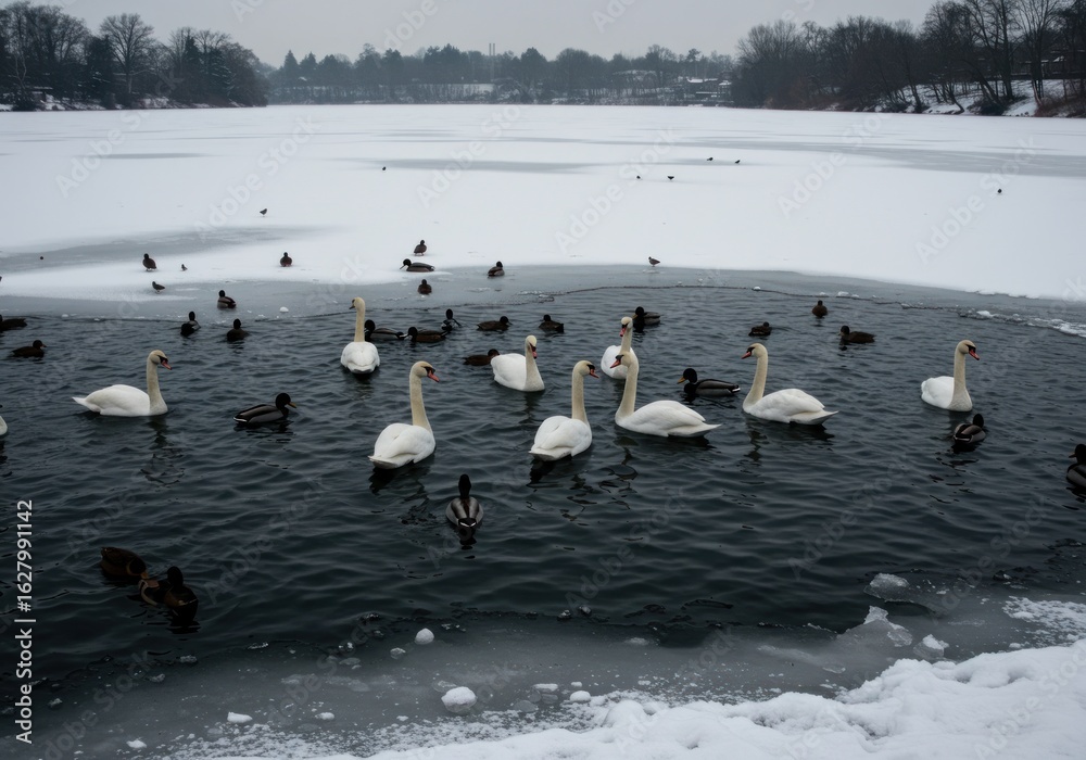 Fototapeta premium Winter ducks and swans on frozen lake
