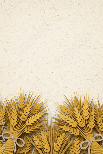 A Paper Cutout of Golden Wheat Bundles Tied with White Ribbons, on a Textured Light Background with Vertical Copy Space, Representing Harvest and Farming