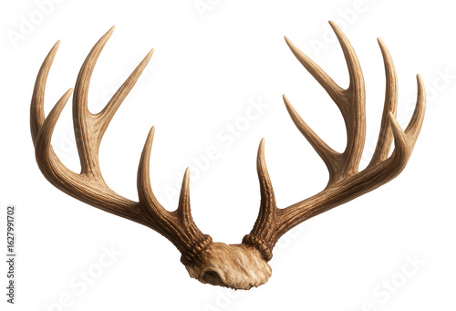Realistic deer antlers with detailed texture, showcasing multiple points and natural brown coloration on transparent background.