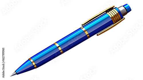 very beautiful Ballpoint pen isolated in  white background , top view of blue pen, business office desk design element