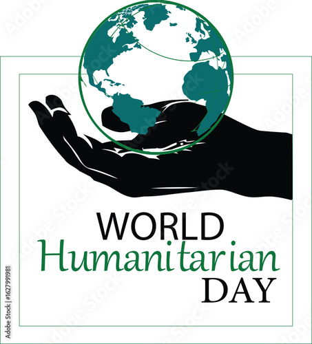 World Humanitarian Day Logo – Green Globe in Black Hand with Bold Typography on White Background