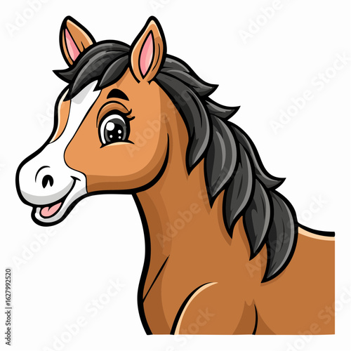 Adorable Cartoon Horse Portrait with a Gentle Expression and Brown Coat Illustration