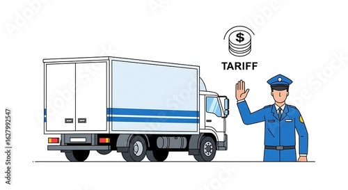 Customs Officer Stopping Delivery Truck for Tariff Payment. Import Export Duty, Trade Barrier, or Border Control Concept. Flat Vector Illustration.