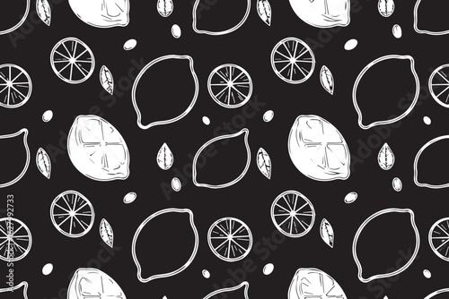 white sketch style lemon slices halves wedges seamless vector pattern