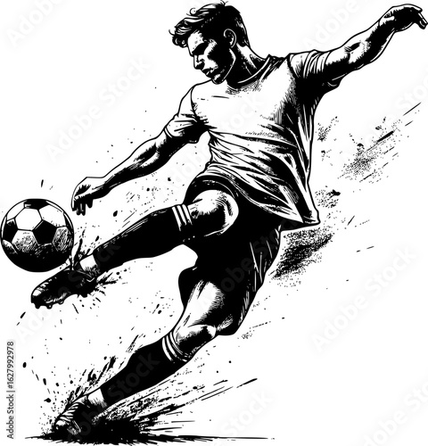Soccer player mid-air kick in black and white, vintage ink style, full of energy and passion, dynamic and bold