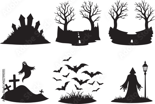 Spooky Halloween silhouettes: haunted house, ghost, bats, trees